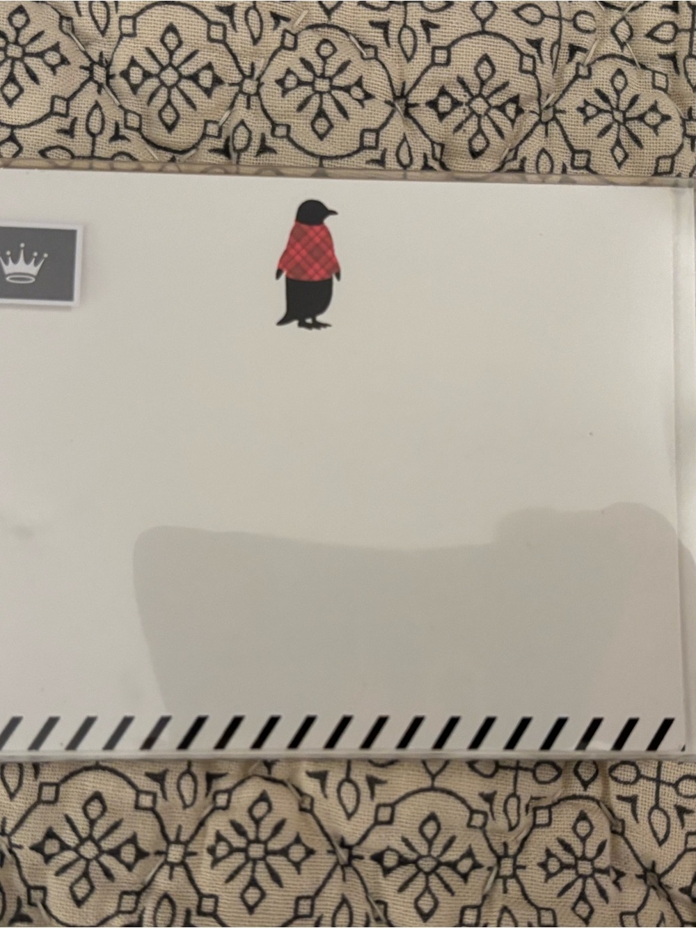 Hallmark Black Penguin flat note cards with Red Plaid Accent